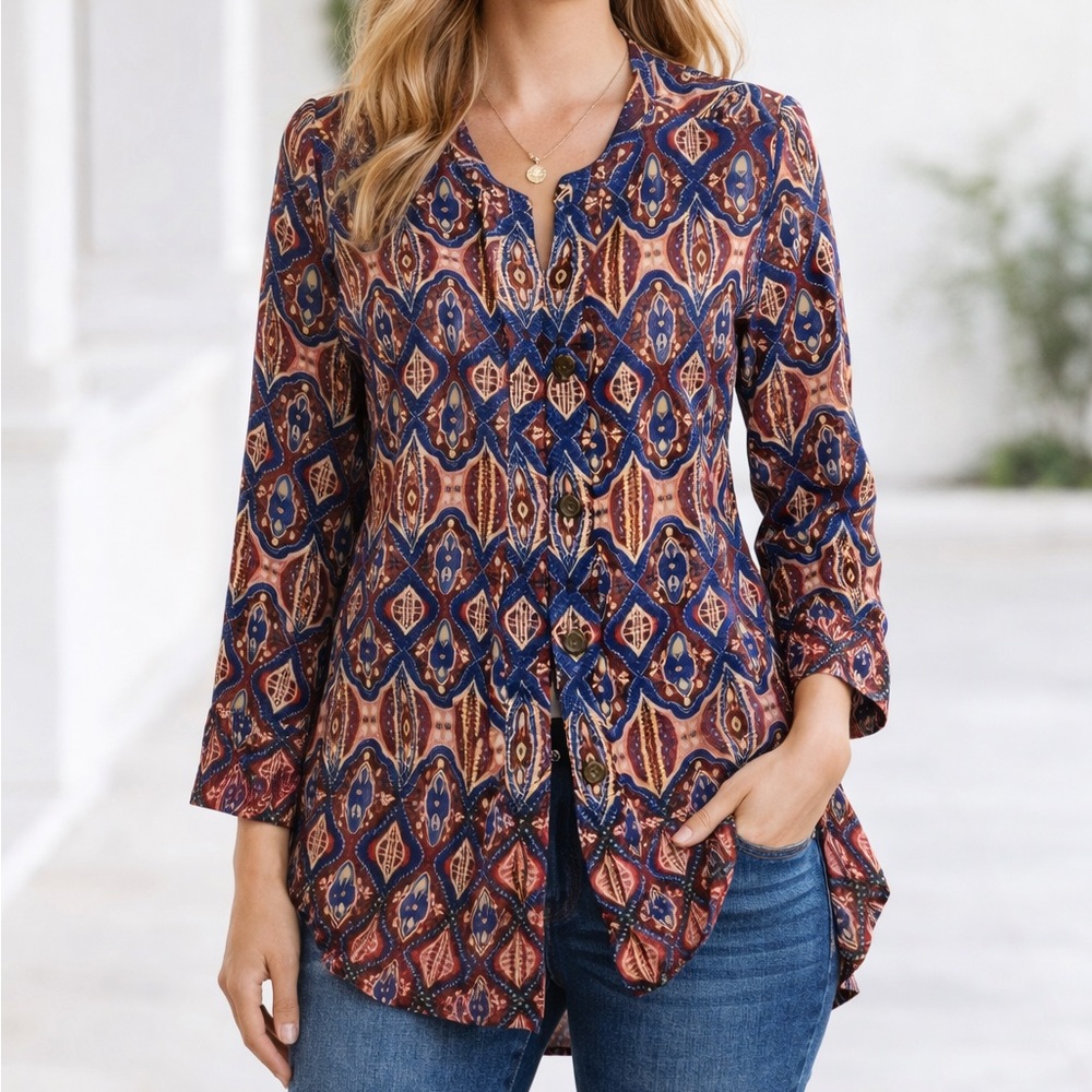 DR2‎ Patterned Button Down High Low Tunic Blouse